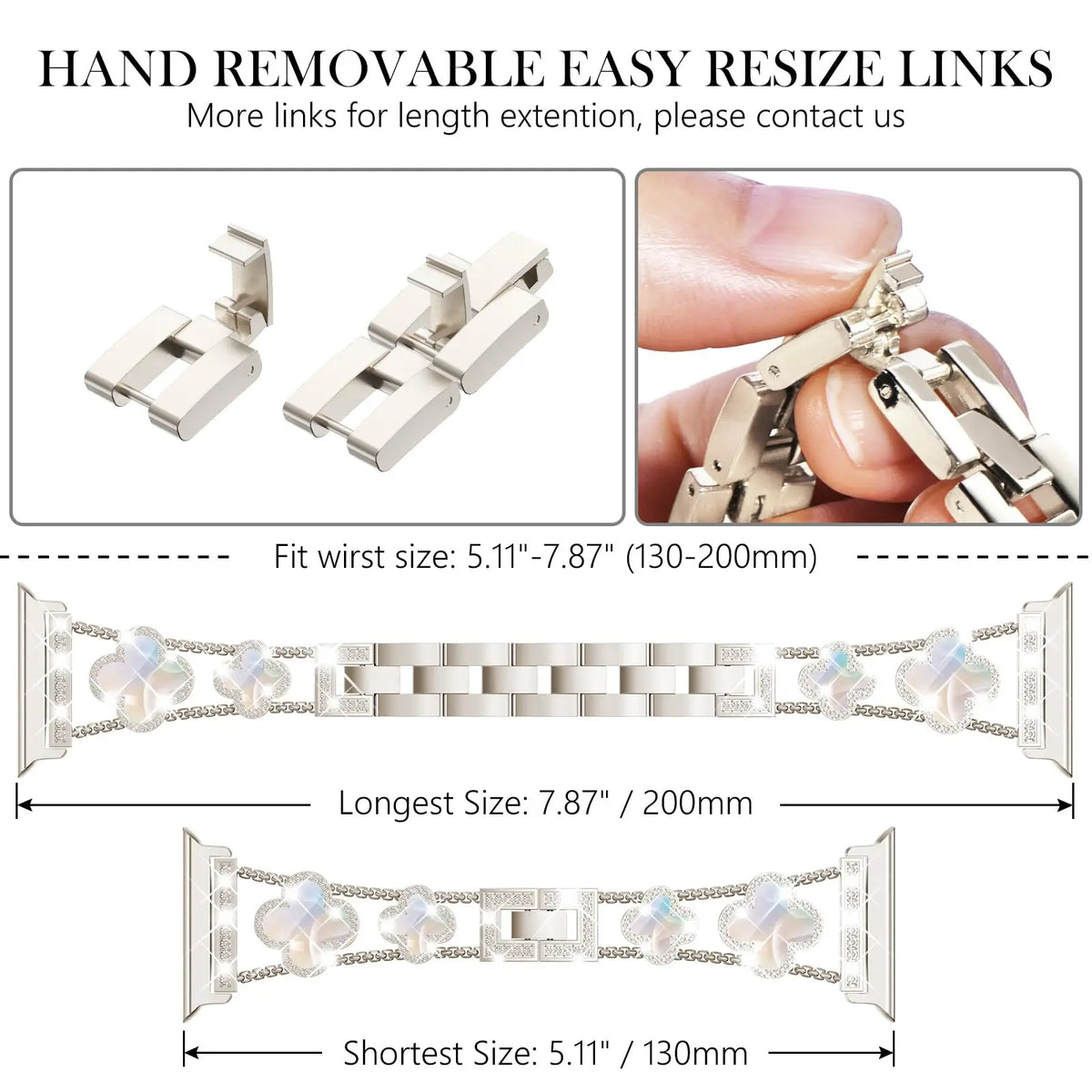 Removable clasp-link instructions and bracelet sizing diagram for Apple Watch