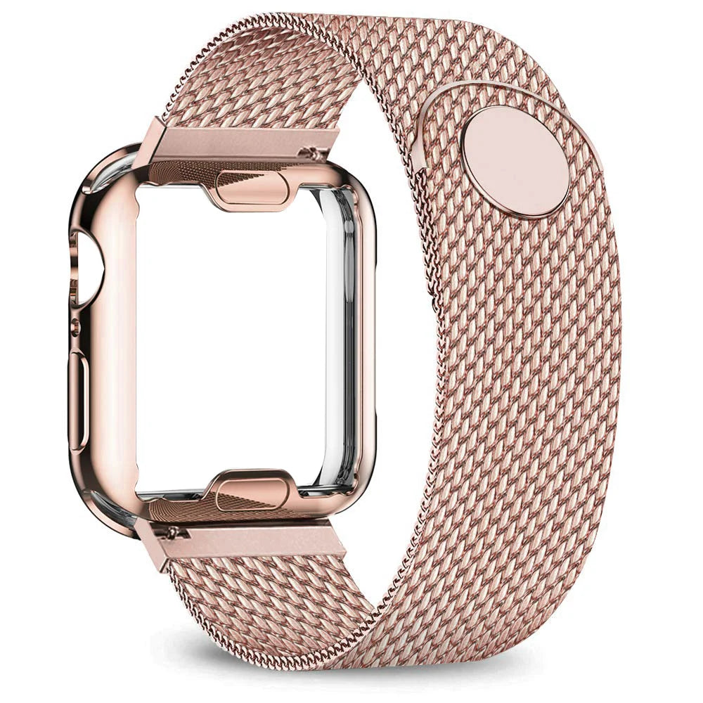 Magnetic Milanese Mesh Apple Watch Band with Matching Case in Rose Gold