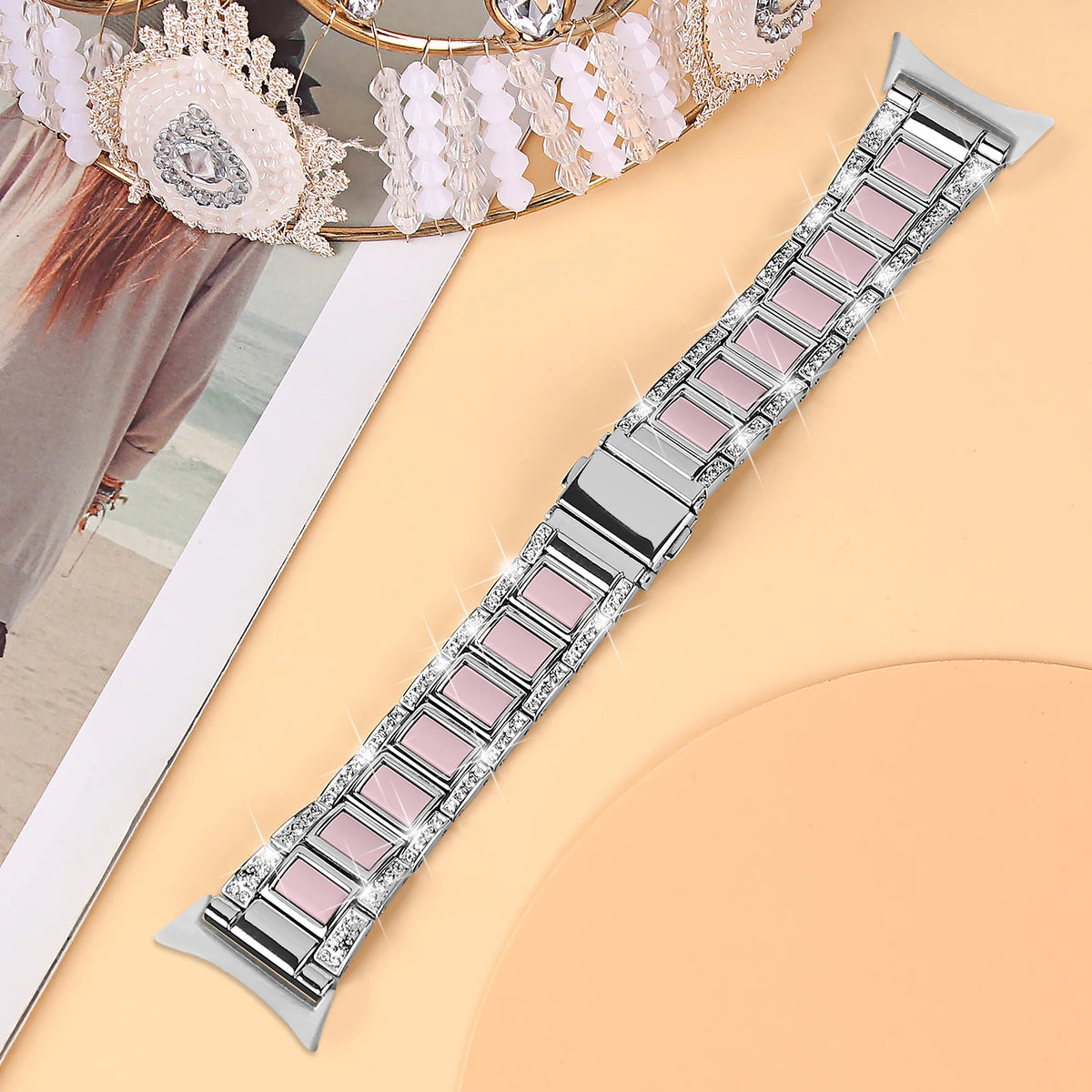 Silver / Pink Google Pixel Watch 5, 4 and 3 41mm Resin Inlay Link Bracelet Band