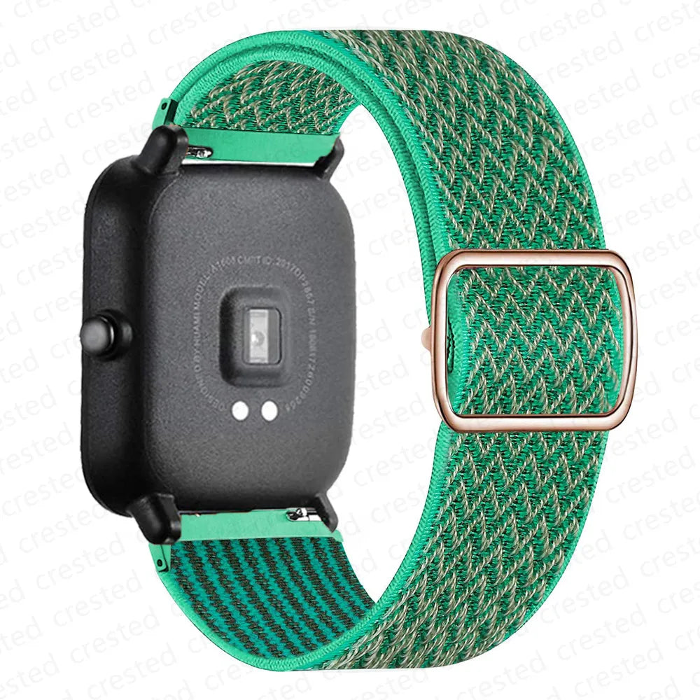 OnePlus Smartwatch Nylon Loop Band - Breathable Sport Wrist Strap in green woven design with black watch face.