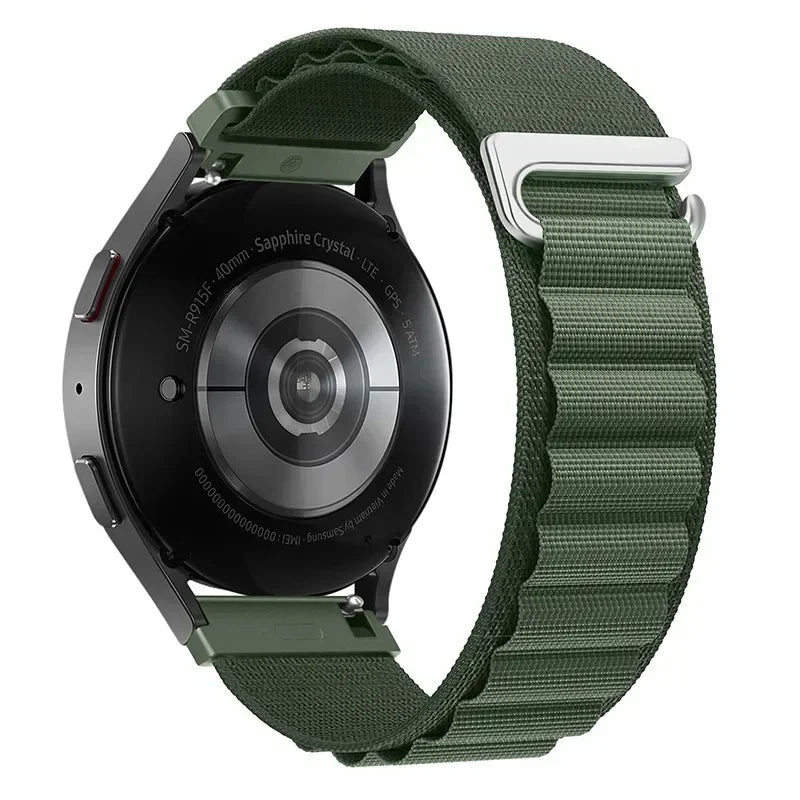 OnePlus Smartwatch Alpine Loop Nylon Band Adjustable Sport Strap on a smartwatch, featuring a comfortable green band.