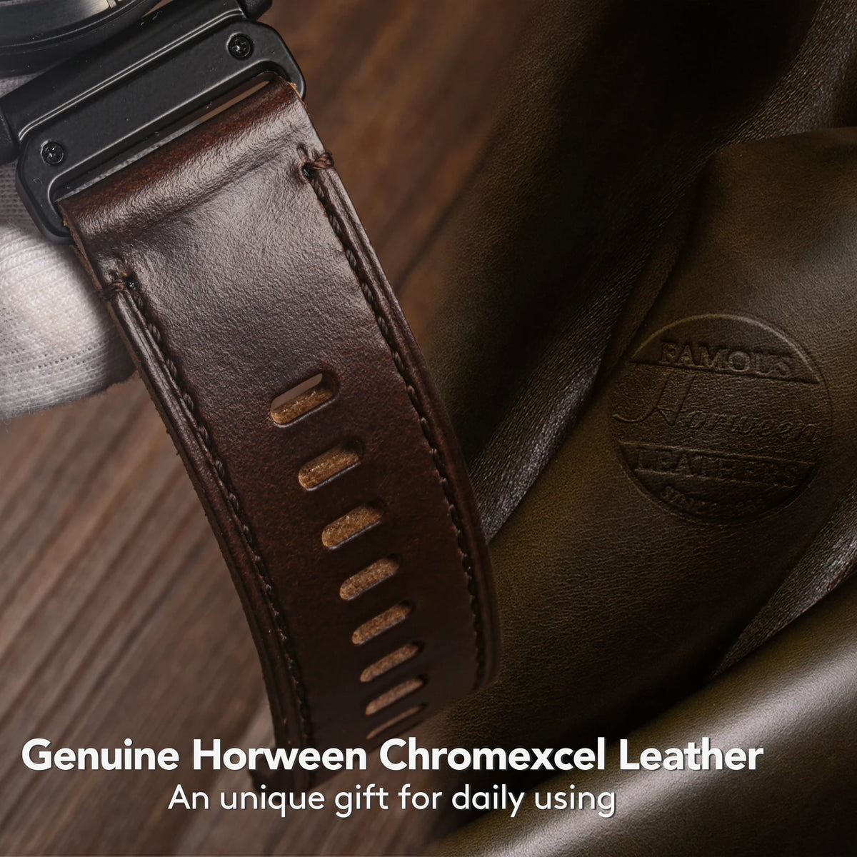 Garmin QuickFit Horween Leather Buckle Band Horween leather surface close-up