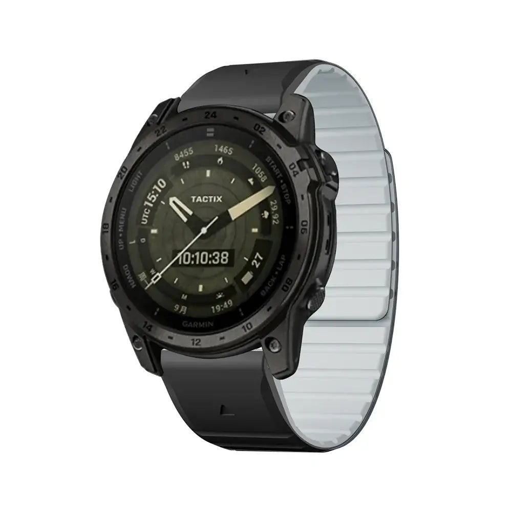 Garmin QuickFit Magnetic Silicone Wrap Band black and gray band shown on a watch