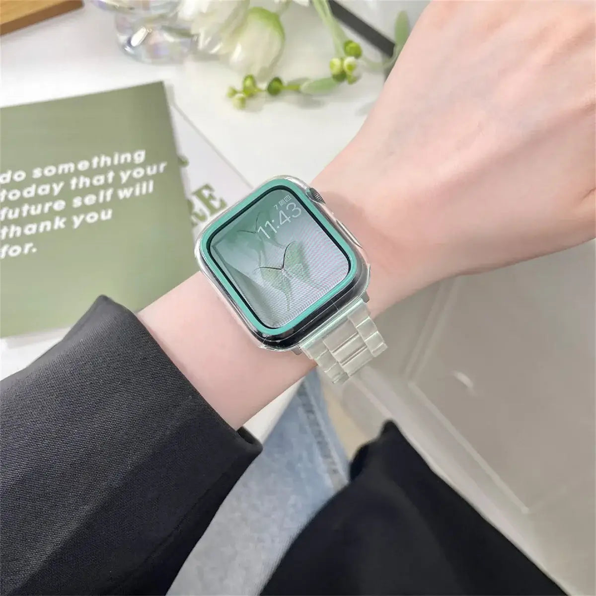 Iridescent mint resin Apple Watch bracelet wrist view