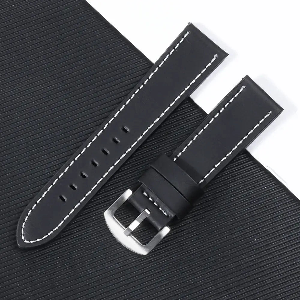 Suunto Leather Band with Stitching Options - Black / White Stitching with silver buckle