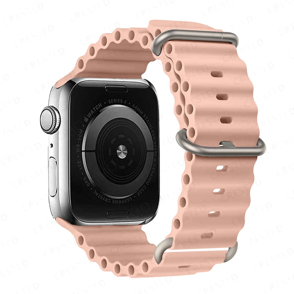 Ribbed Silicone Apple Watch Band with Adjustable Metal Loop in Soft Pink