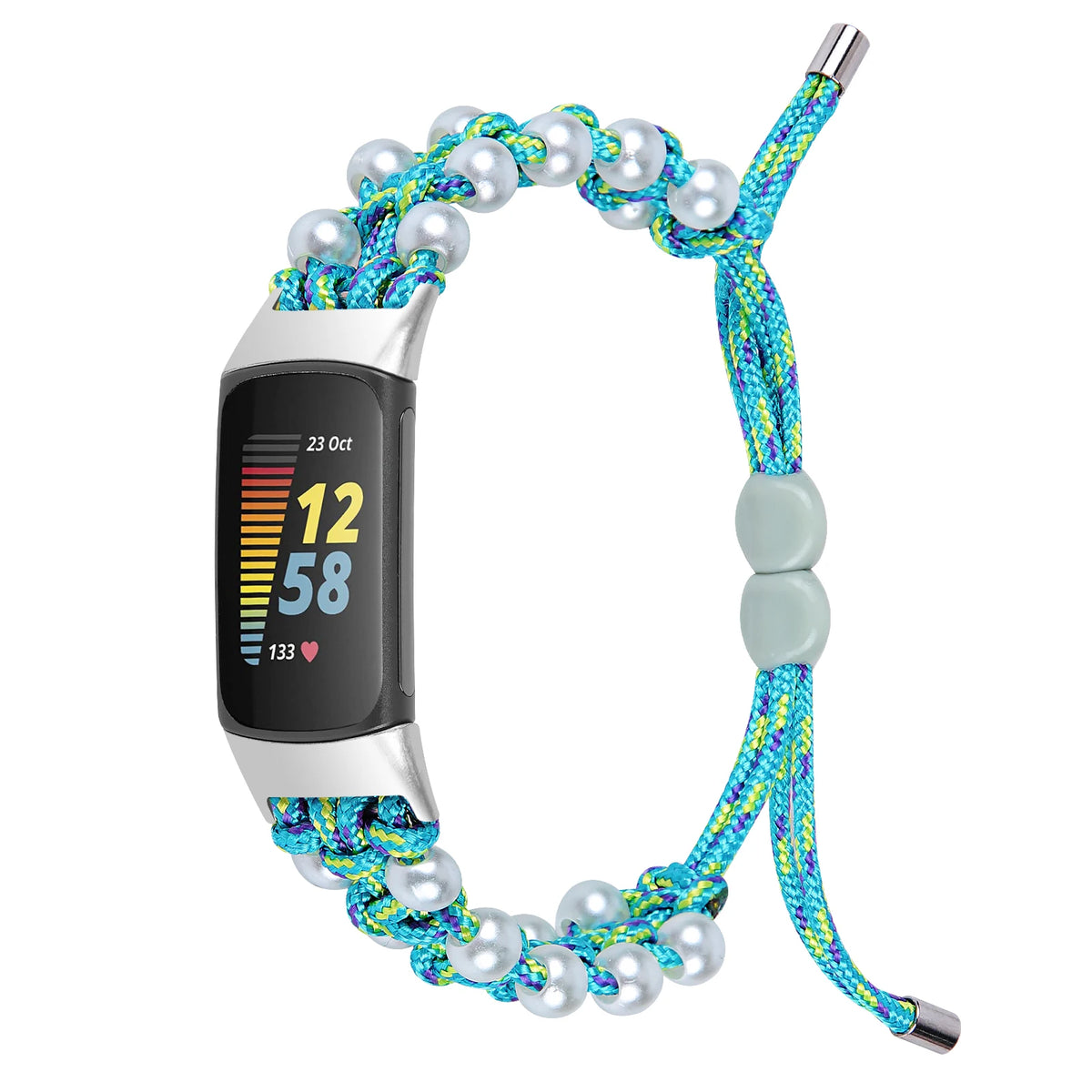 Blue / Green Fitbit Charge 6, 5, 4, 3 and 2 Braided Rope Band with Pearl-Style Beads