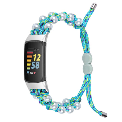 Blue / Green Fitbit Charge 6, 5, 4, 3 and 2 Braided Rope Band with Pearl-Style Beads