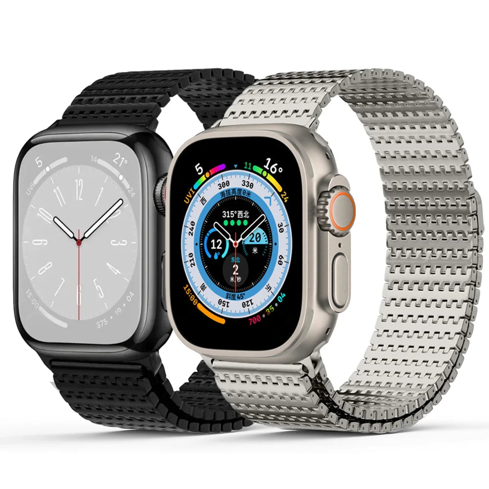 Black and silver textured mesh bands shown together for Apple Watch