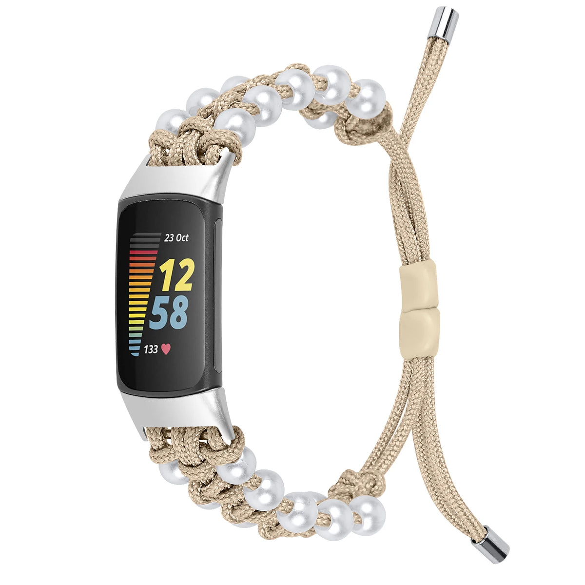 Beige Fitbit Charge 6, 5, 4, 3 and 2 Braided Rope Band with Pearl-Style Beads