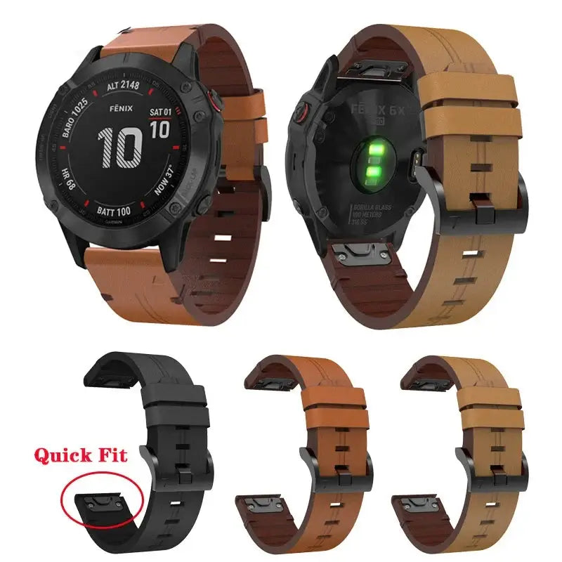 Garmin QuickFit Leather Band with Double Keepers brown straps shown on watches with three color previews