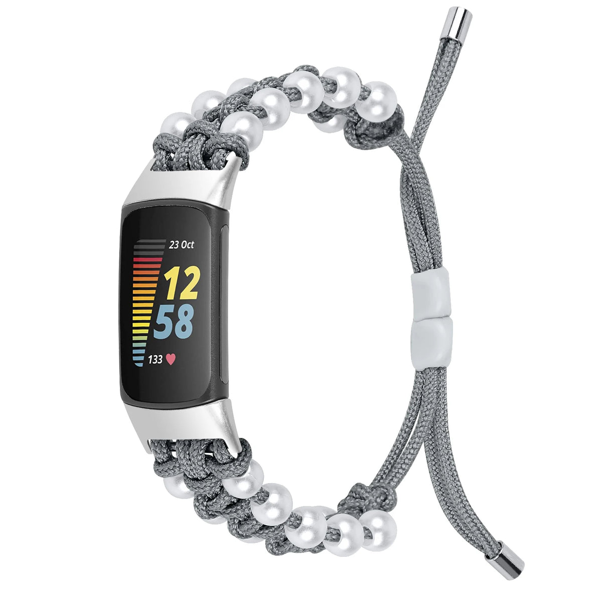 Gray Fitbit Charge 6, 5, 4, 3 and 2 Braided Rope Band with Pearl-Style Beads