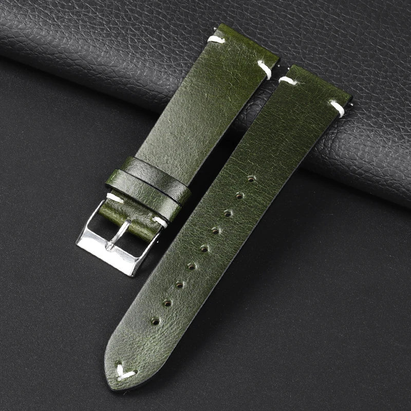 OnePlus Smartwatch Leather Band Quick Release Retro Oil Wax Wristband in green leather with silver buckle.