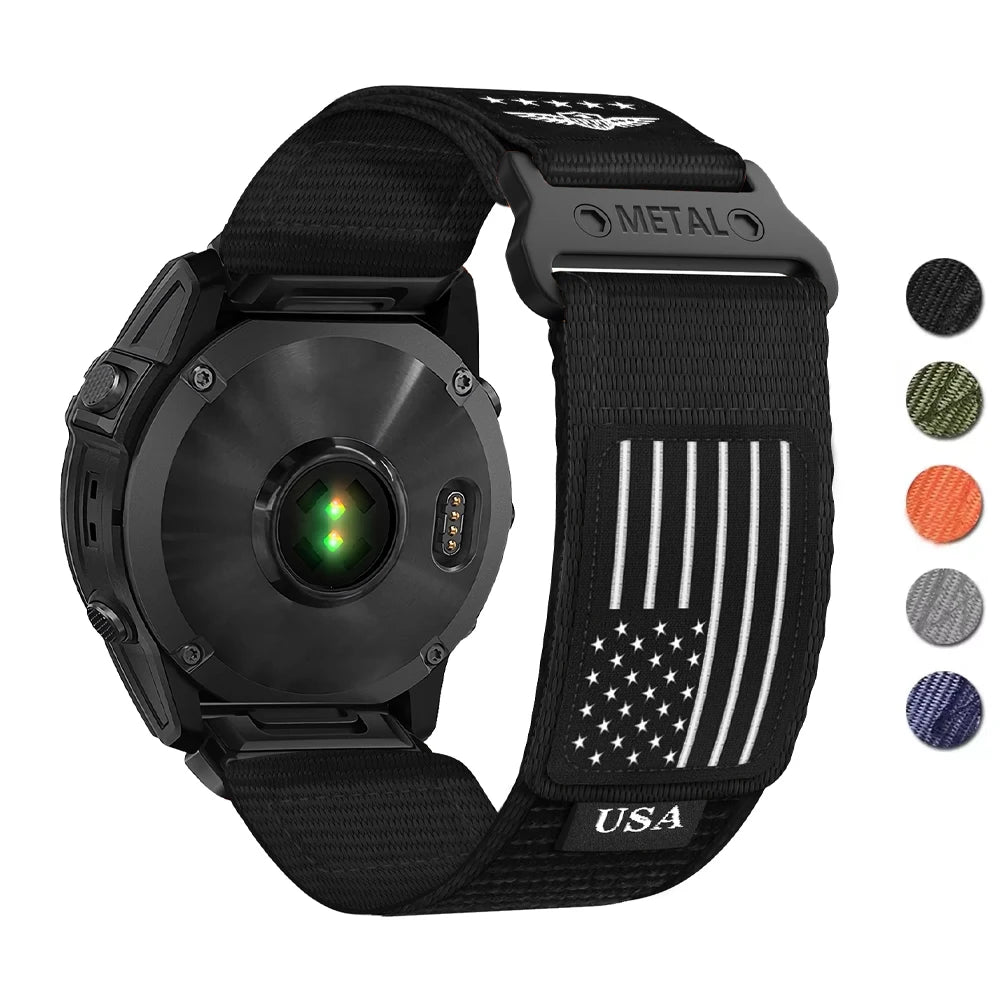 Garmin QuickFit Nylon Band with USA Flag Patch black nylon band with USA flag patch and color swatches