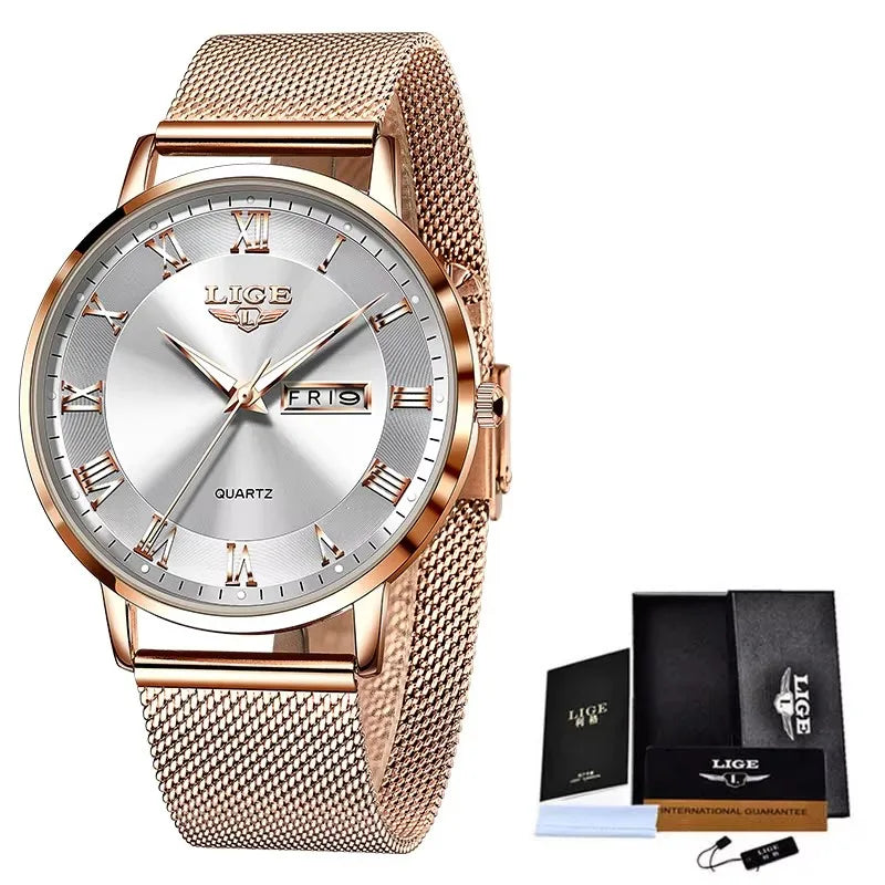 Women's Rose Gold-Tone Mesh Day-Date Watch — Rose Gold Tone / Silver Dial — BandsCo Straps