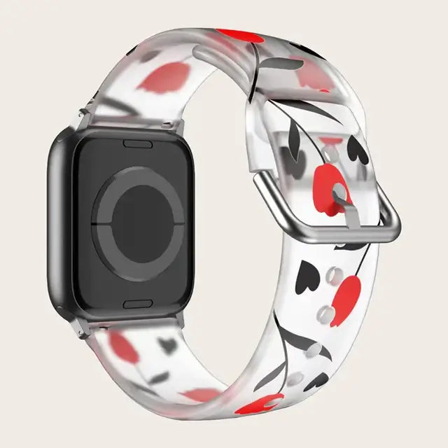 Red Floral Apple Watch band with buckle and adjustment holes.