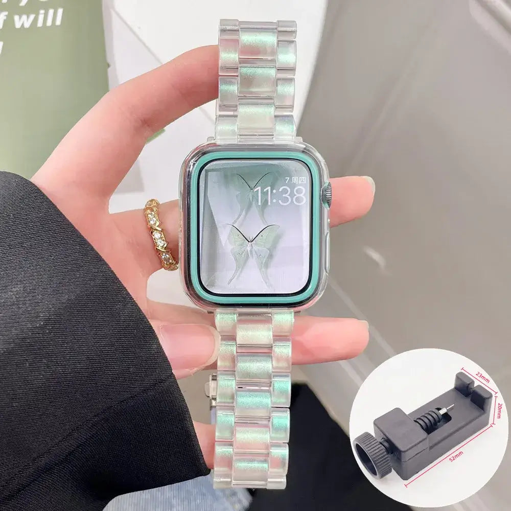 Iridescent Mint resin Apple Watch band with adjustment tool