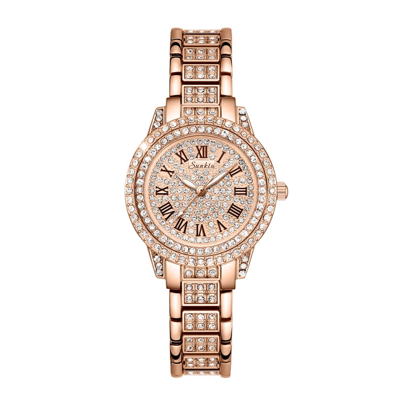 Women's Rose Gold-Tone Crystal Bracelet Watch — Rose Gold Tone / Crystal Roman Dial — BandsCo Straps