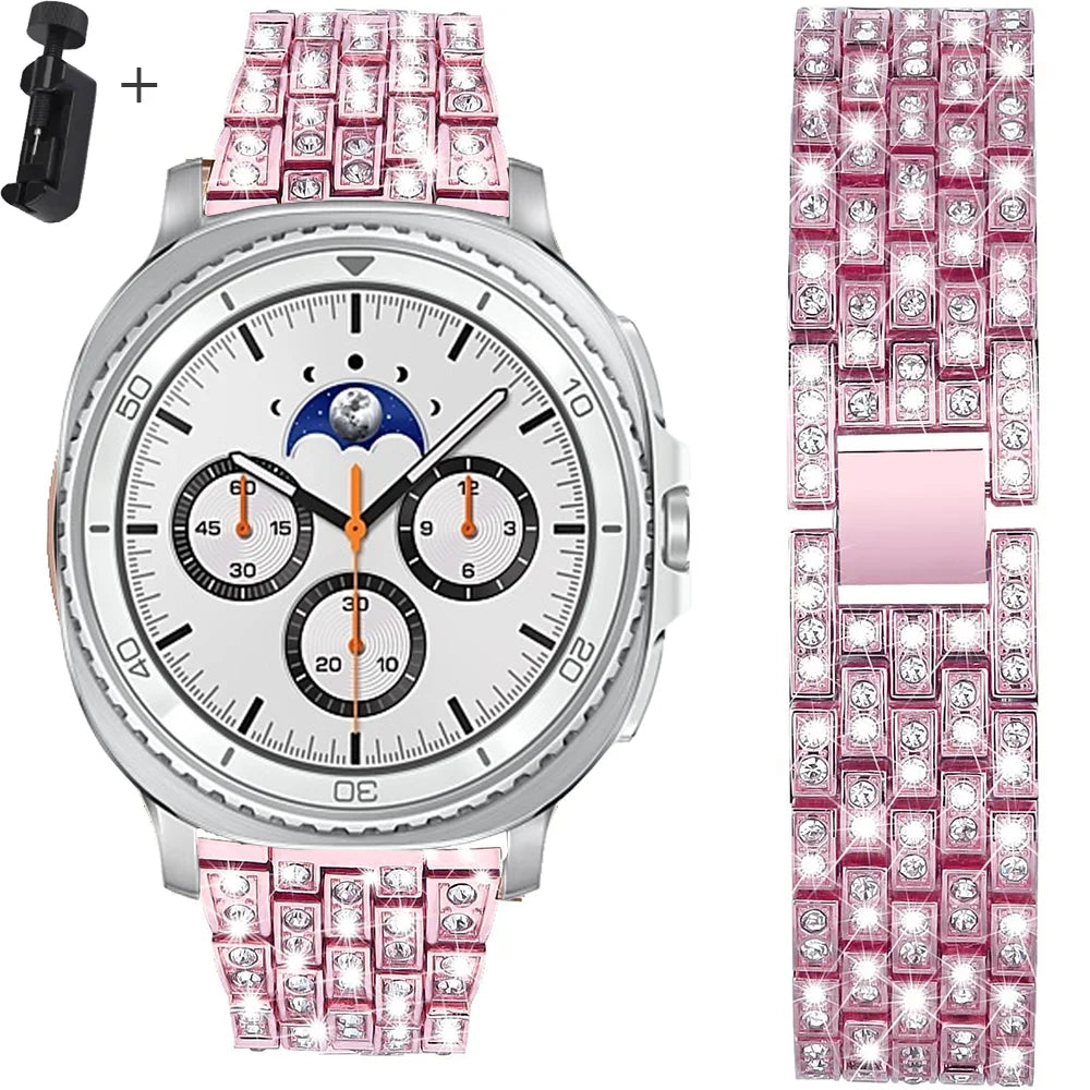 Samsung Galaxy Diamond Stainless Watch Band - Watch8/Watch8 Classic/Watch9 in pink gold with diamond-encrusted design.