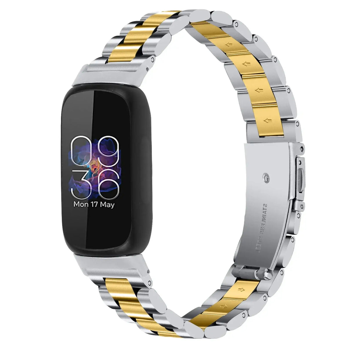 Fitbit Inspire 3 Stainless Steel Three-Link Band - Silver and gold bracelet front view