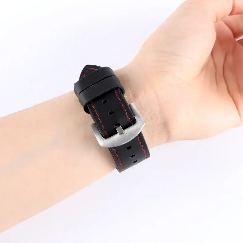 TicWatch Leather Band with Stitching Options - Black strap worn on wrist