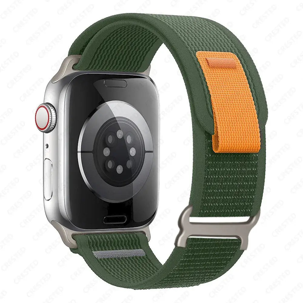 Green / Orange woven nylon Apple Watch band with pull tab