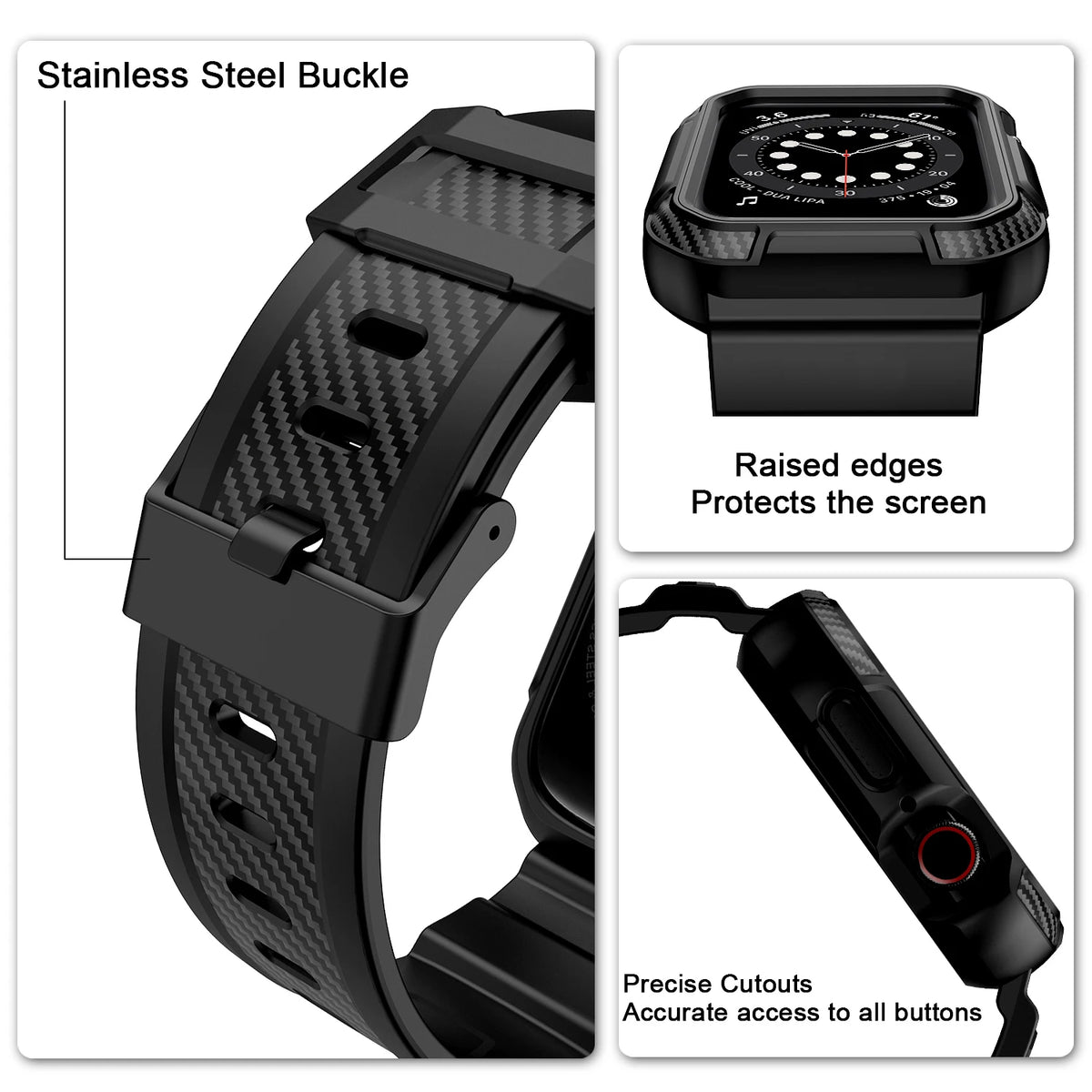 Buckle, case edge and side-control details for Apple Watch