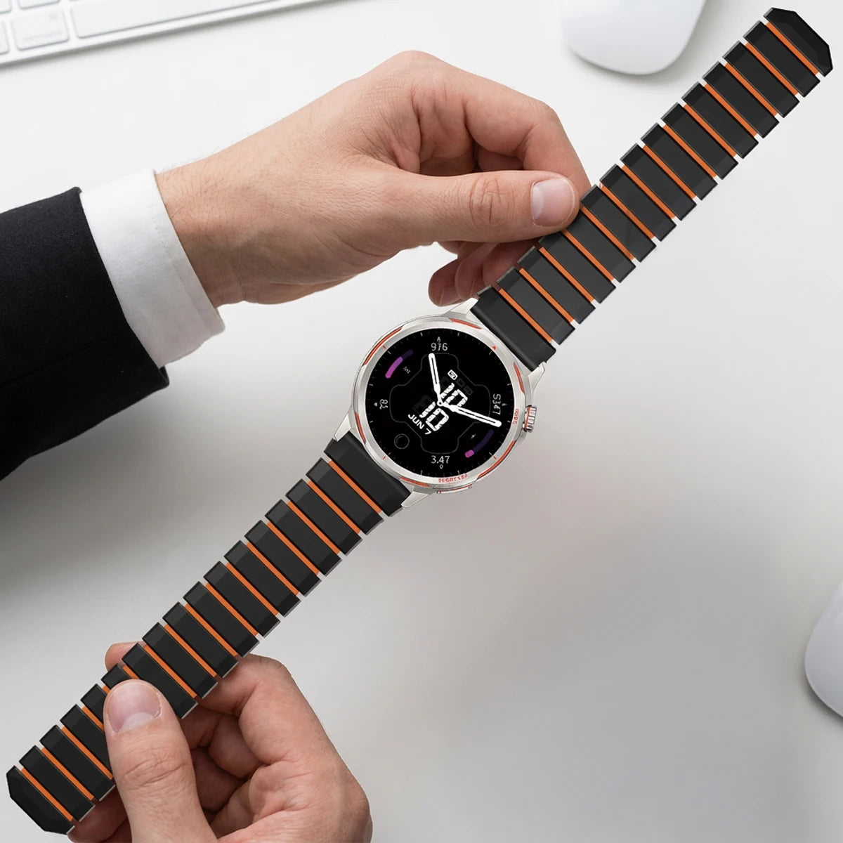 Samsung Galaxy Silicone Magnetic Watch Band Fits Watch8/Watch8 Classic/Watch9/Ultra/Ultra2 worn on wrist with clock face