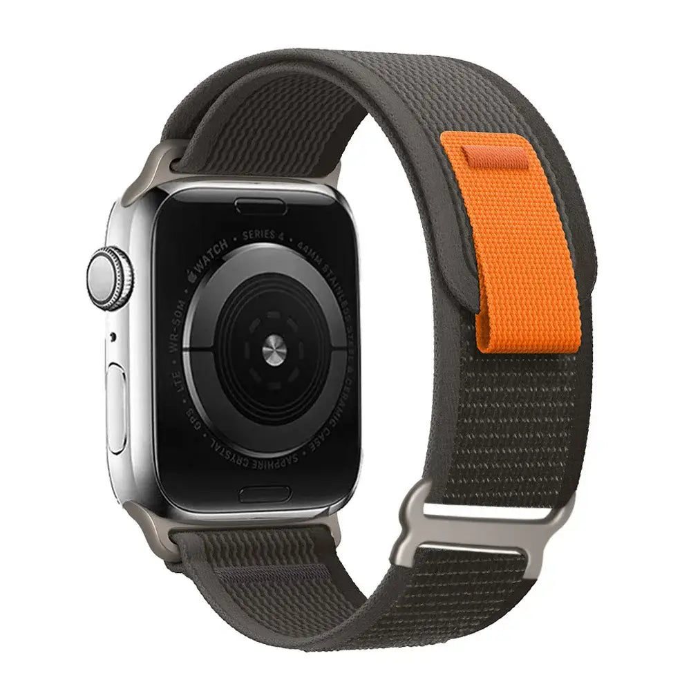 Charcoal / Orange woven nylon Apple Watch band with pull tab