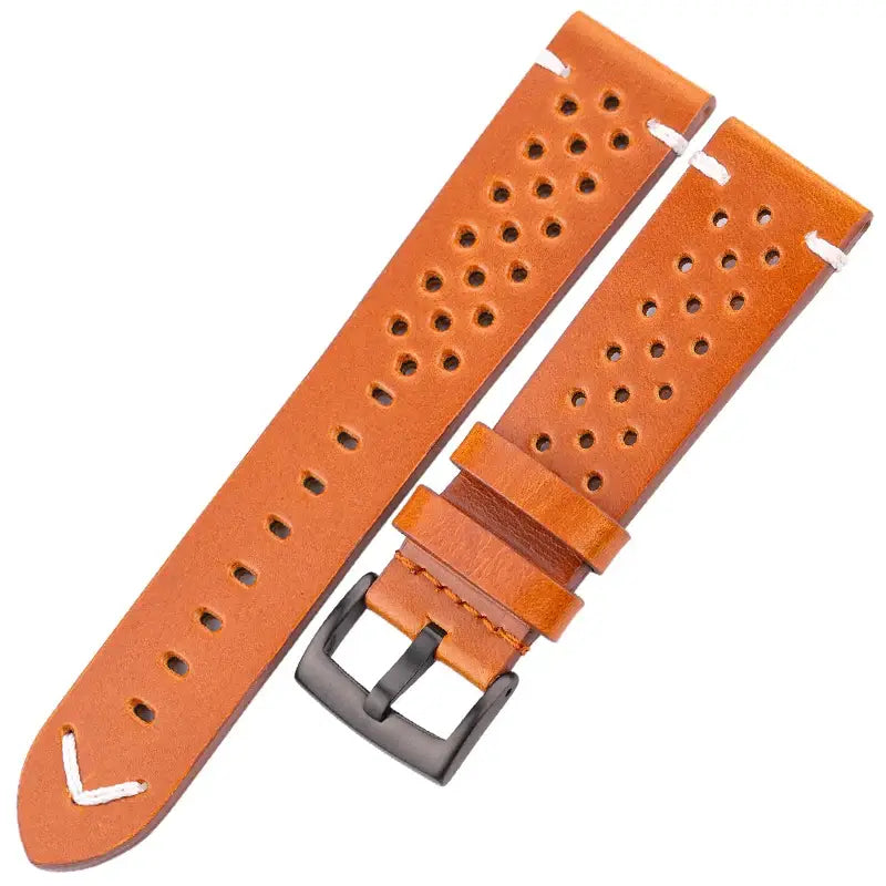 Perforated Leather Band with V Stitch in Orange Brown / Black Buckle for compatible Huawei watches