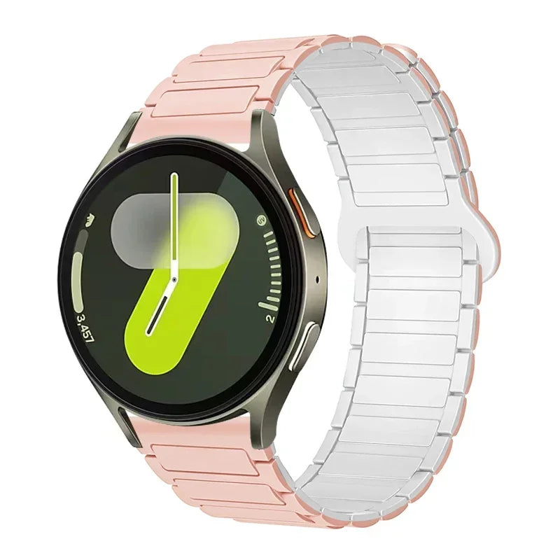 OnePlus Smartwatch Sport Magnetic Silicone Watch Band Strap on a smartwatch with a pink and silver band.