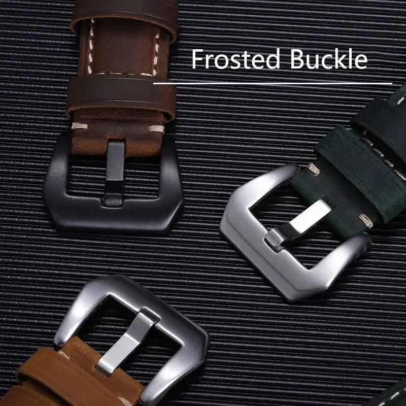 Garmin QuickFit Contrast-Stitch Leather Band dark buckle and leather stitching close-up