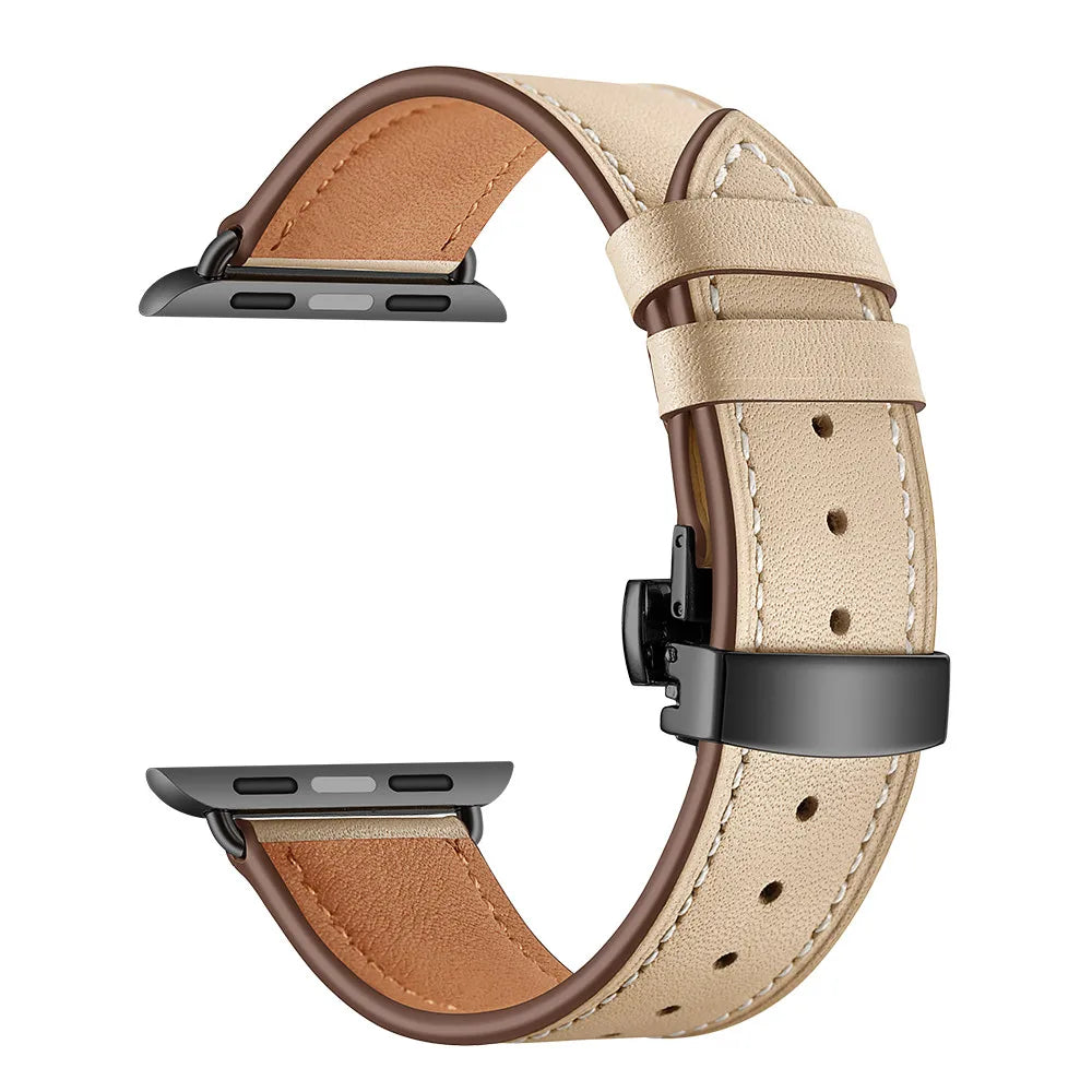 Contrast-Stitched Leather Apple Watch Band with Folding Clasp in Black / Sand