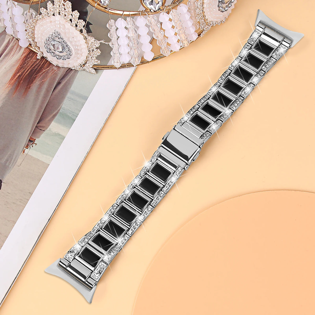 Silver / Black Google Pixel Watch 5, 4 and 3 41mm Resin Inlay Link Bracelet Band