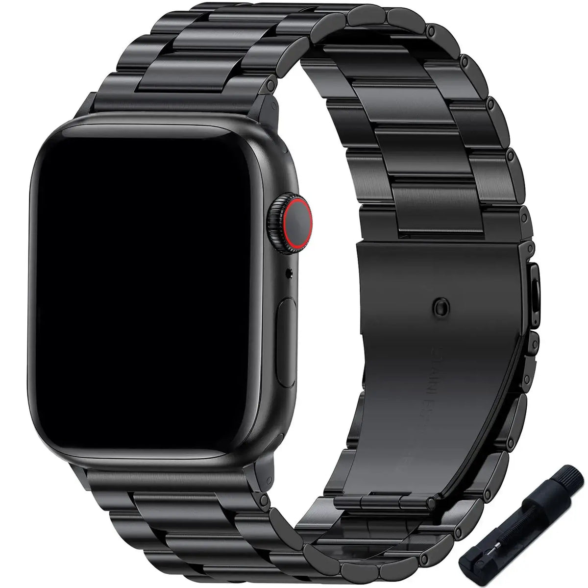 Black wide-link Apple Watch band with link adjustment tool