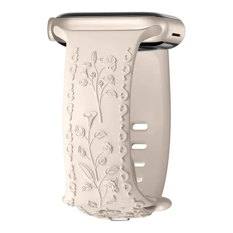Ivory botanical engraved silicone Apple Watch band