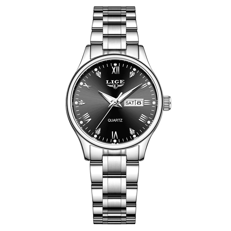Women's 29mm Day-Date Quartz Bracelet Watch — Silver Tone / Black Dial