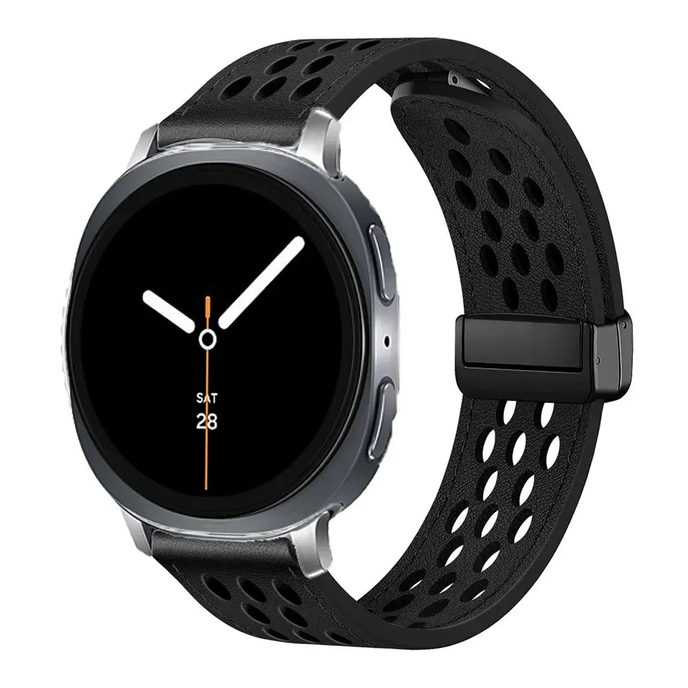 Samsung Galaxy Perforated Sport Watch Band - Magnetic 8/9/Ultra/Ultra2 in black with silver connector on smartwatch.