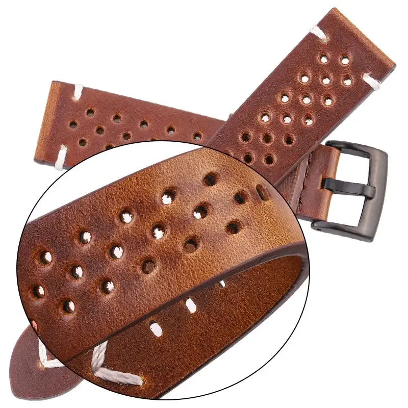 TicWatch Perforated Leather Band with V Stitch - Dark brown leather flexibility detail