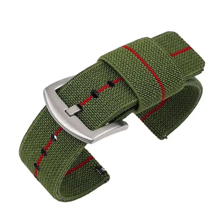 Samsung Galaxy Watch Solid & Striped Woven Strap in Army Green / Red Stripe / Silver Buckle