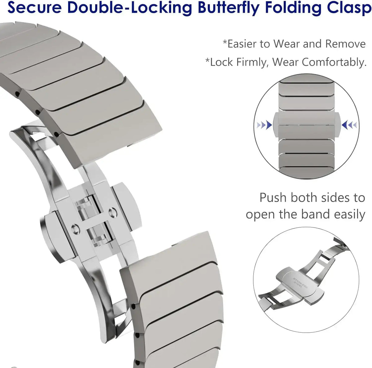 Illustrated butterfly folding clasp and side-release buttons