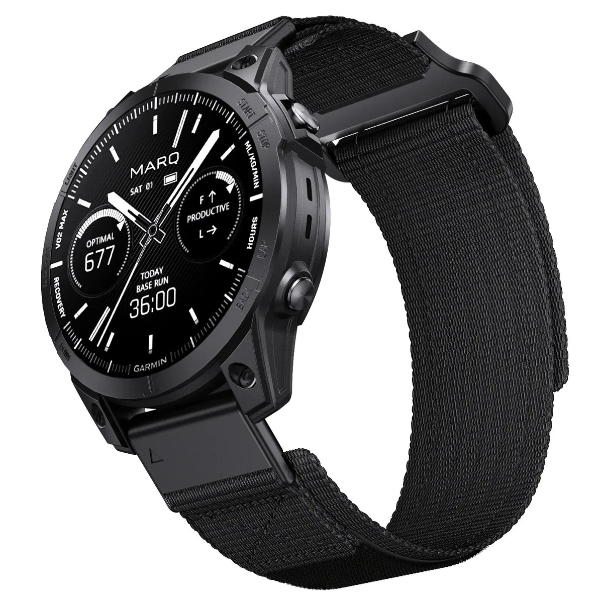 Garmin QuickFit Nylon Sports Loop Band black nylon band shown on a watch