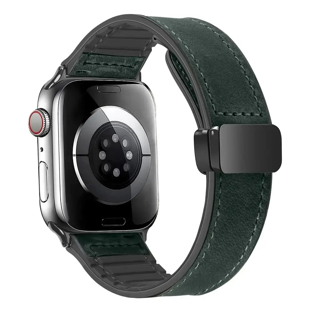Forest Green stitched leather Apple Watch band with magnetic clasp