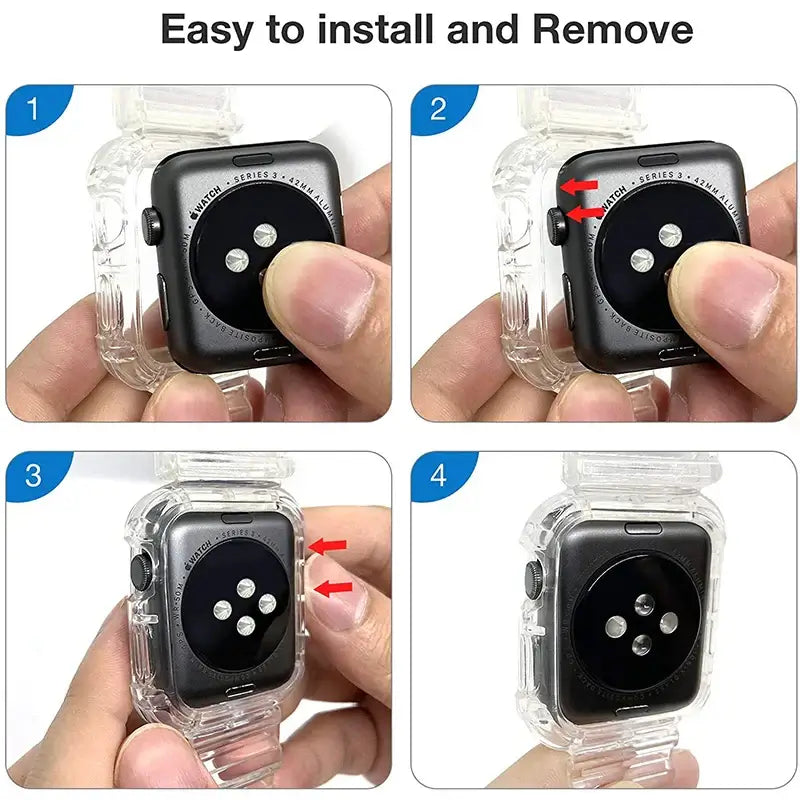 Illustrated insertion and removal guide for Apple Watch bumper case