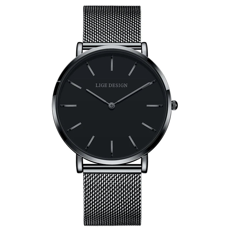 Women's Minimalist Quartz Watch with Stainless Steel Mesh Band — Black / Black Dial