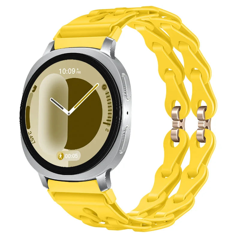 Samsung Galaxy Silicone Chain Watch Band – Watch8/Watch8 Classic/Watch9/Ultra/Ultra2 Multi in yellow with chain bracelet design.