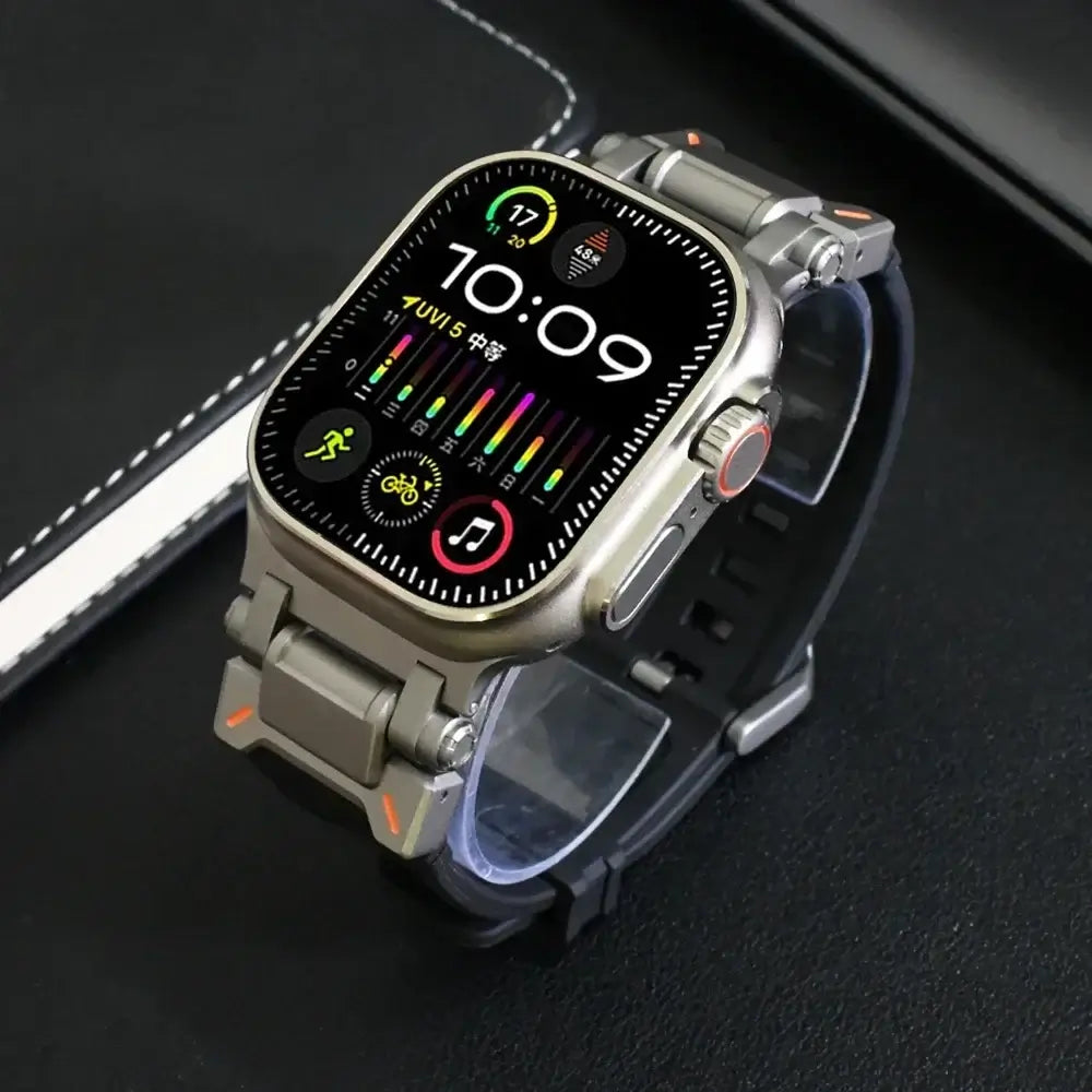 Black silicone Apple Watch band with metal connectors on display