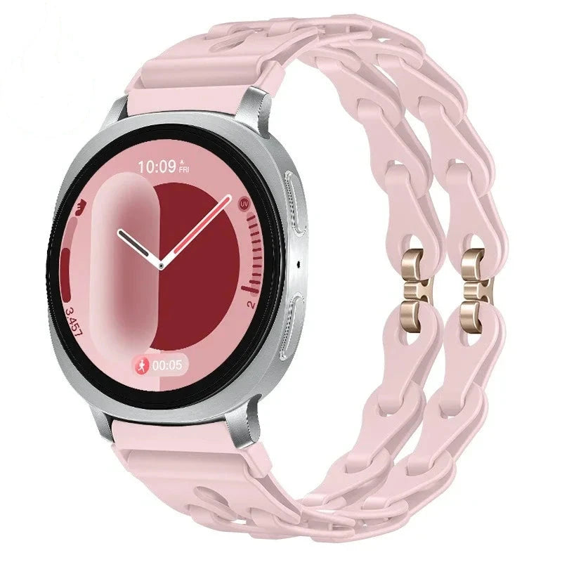 Samsung Galaxy Silicone Chain Watch Band – Watch8/Watch8 Classic/Watch9/Ultra/Ultra2 Multi in pink with chain design.