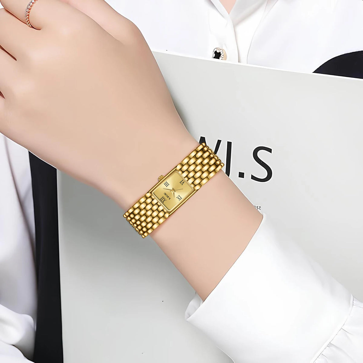 Women's Rectangular Roman Dial Bracelet Watch — Gold-tone watch worn on wrist — BandsCo Straps