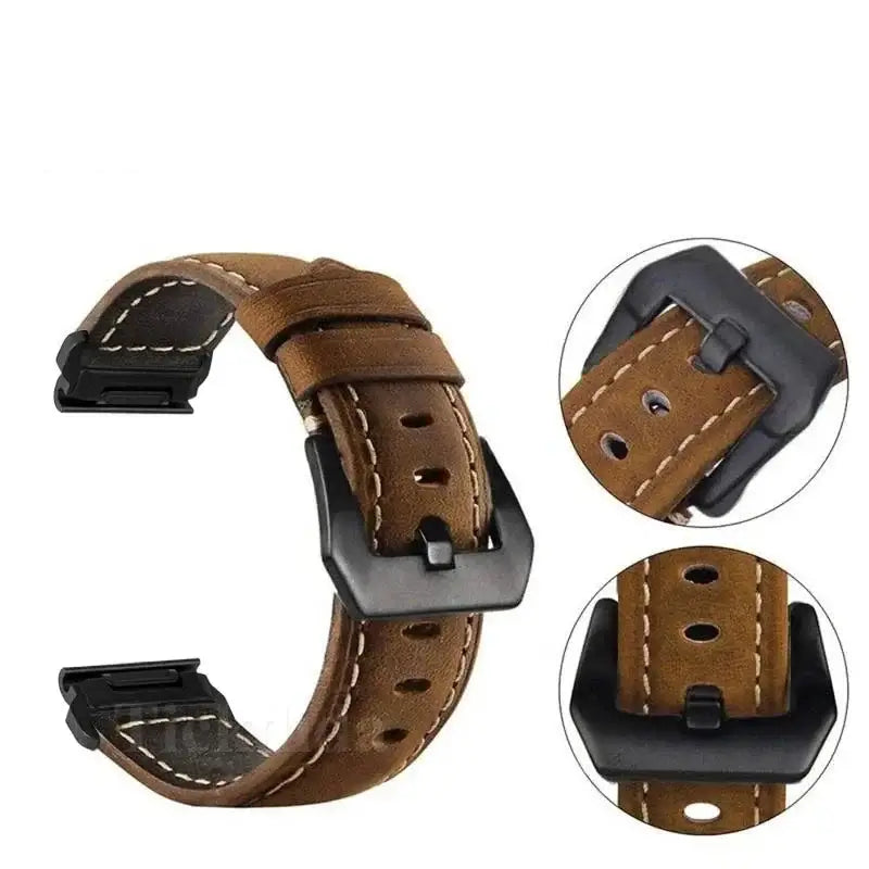 Garmin QuickFit Contrast-Stitch Leather Band brown leather band with buckle detail views